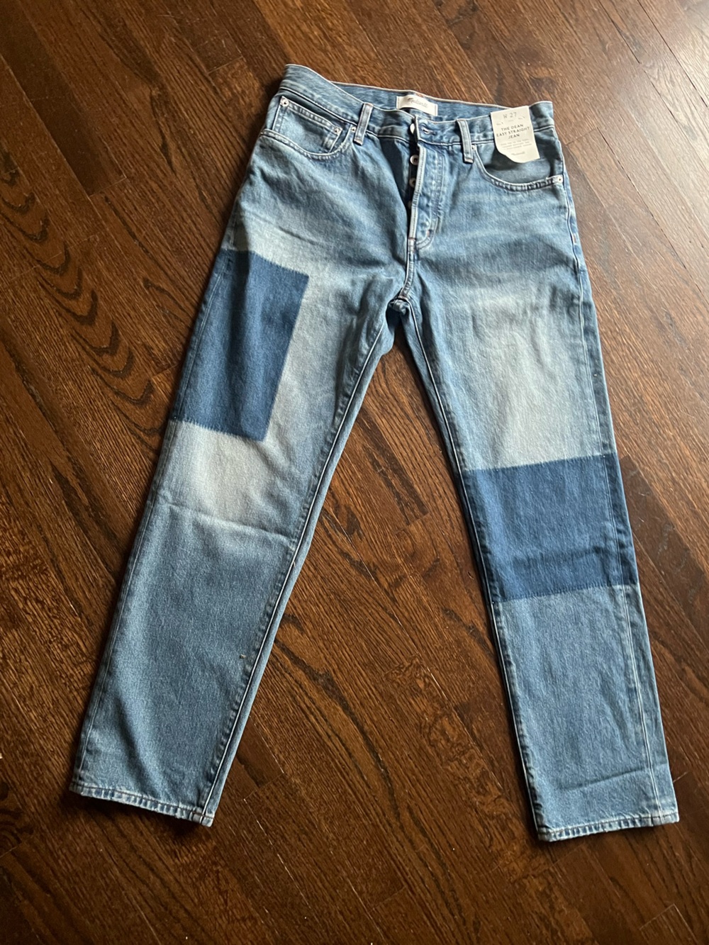 Madewell Dean Easy Straight Leg Jean Light Blue Patchwork Worn Wash 27 NWT